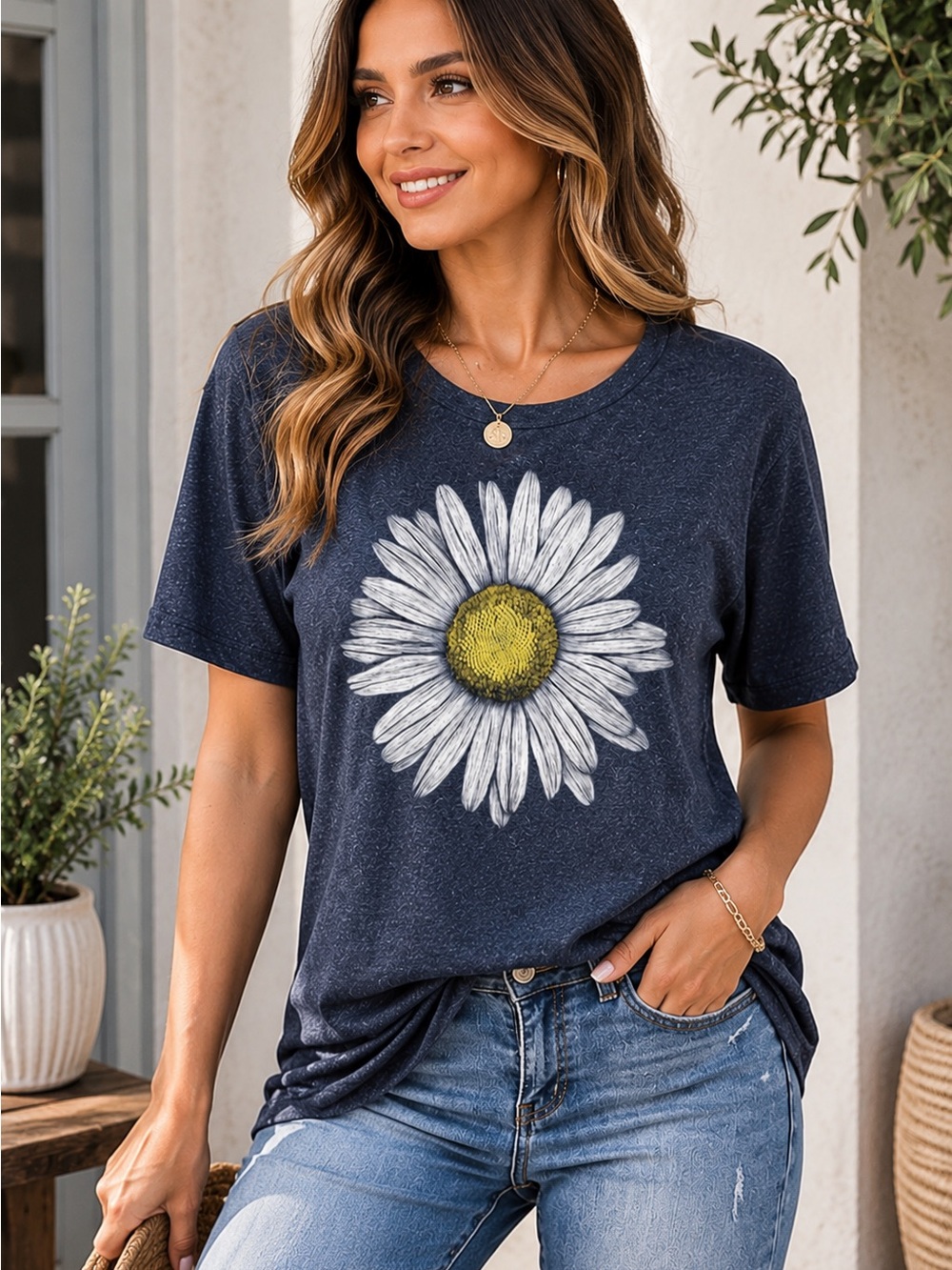 Navy Blue Daisy Graphic Tee | Casual Soft Short Sleeve Top